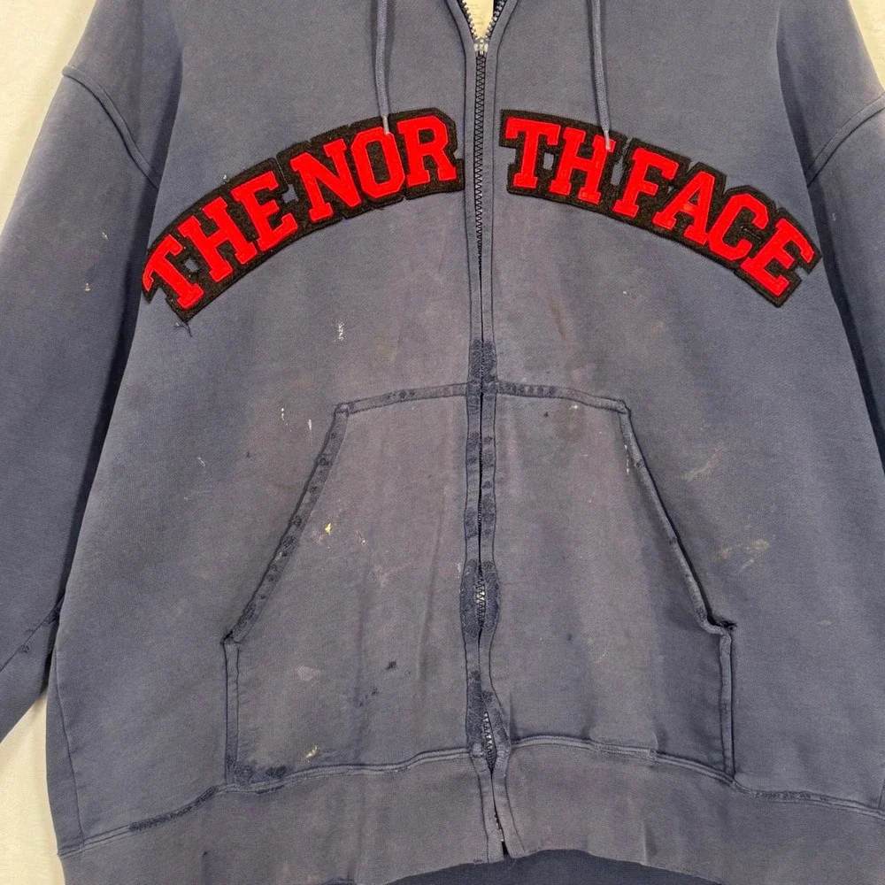 The North Face Navy Blue Distressed Arch Logo Zip Up Hoodie Large
